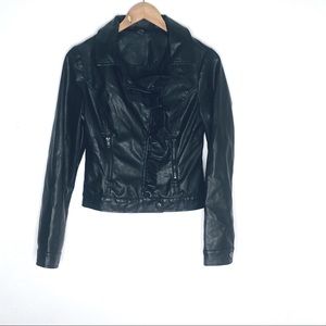 Vegan Faux Leather Jacket Black Moto Ruffle Zipper